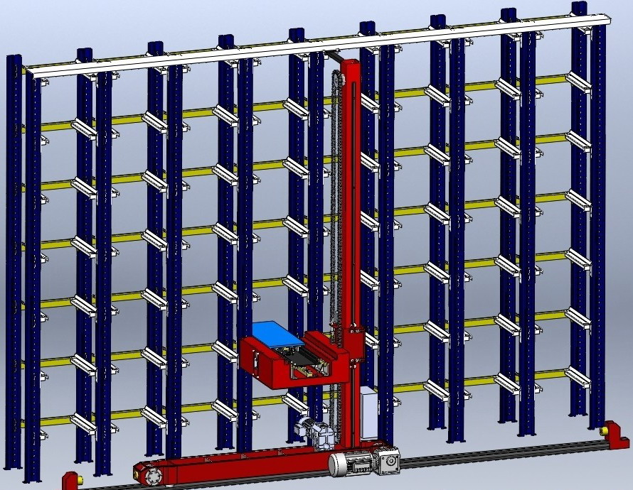 三次元倉庫、スタッカークレーン設計,3D warehouse, stacker crane design by <strong>Solidworks</strong>
